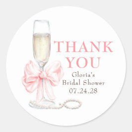Pegatina Redonda Elegant Pink Bow Prosecco Bridal Shower Thank You