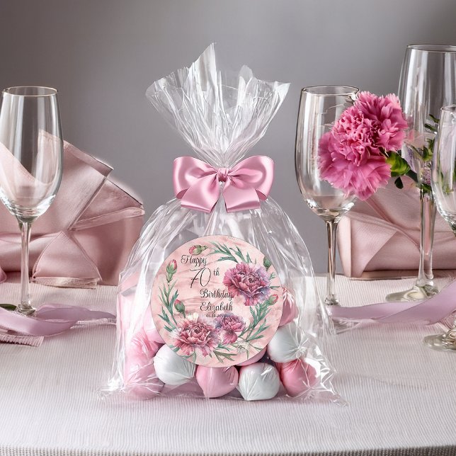 Pegatina Redonda Elegant Pink Carnations 70th Birthday Party  (Elegant Pink Carnations 70th Birthday Party Favor Classic Round Stickers - 2 Sizes)