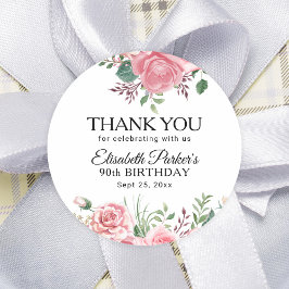 Pegatina Redonda Elegant pink floral 90th birthday thank you