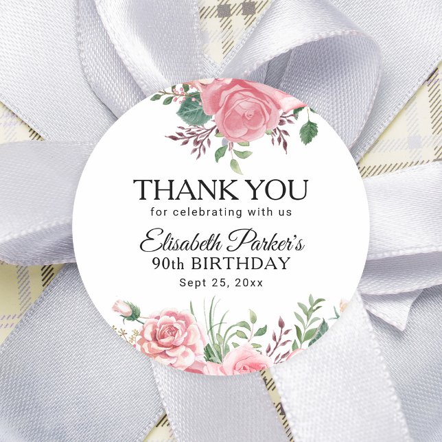 Pegatina Redonda Elegant pink floral 90th birthday thank you (Subido por el creador)