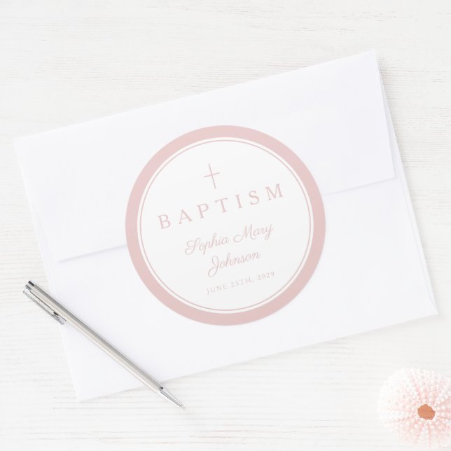 Pegatina Redonda Elegant Pink Religious Cross Girl Baptism  (Sobre)