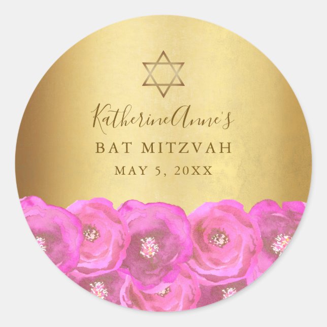 Pegatina Redonda Elegant Pink Rose Floral Gold Bat Mitzvah (Anverso)