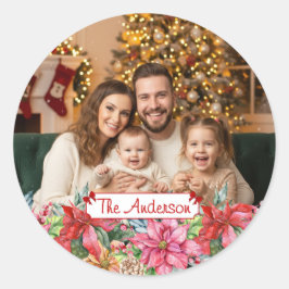 Pegatina Redonda Elegant Poinsettia Floral Border Custom Photo