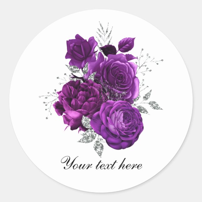 Pegatina Redonda Elegant purple roses Wedding customizable (Anverso)