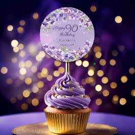 Pegatina Redonda Elegant Purple Violets Floral Happy 90th Birthday