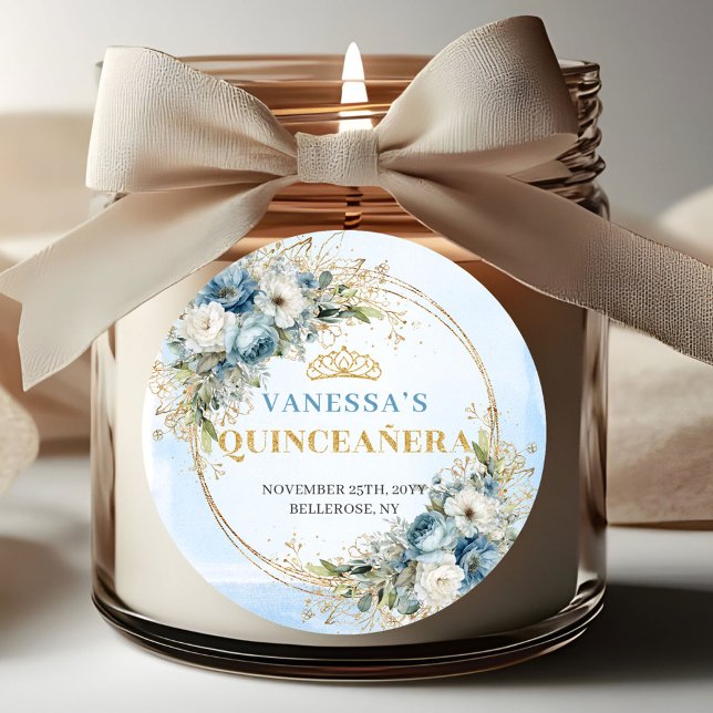 Pegatina Redonda Elegant Quinceañera Sticker Blue Gold Greenery (Elegant Quinceañera Sticker Blue Gold Greenery)