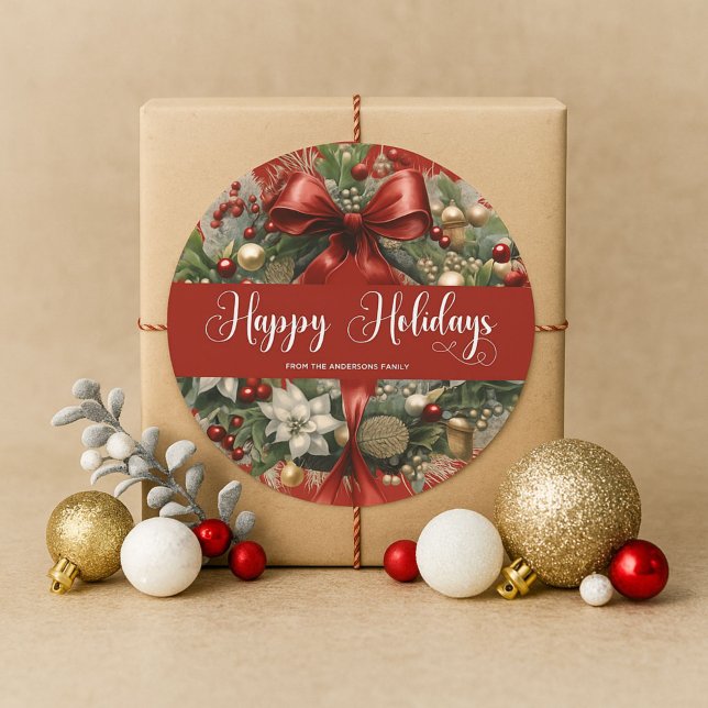 Pegatina Redonda Elegant Red and Gold Holiday Wreath Round Sticker (Subido por el creador)