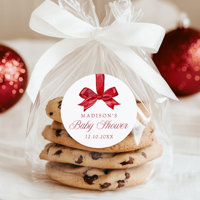 Pegatina Redonda Elegant Red Bow Christmas Baby Shower (Subido por el creador)
