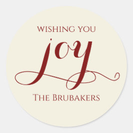 Pegatina Redonda Elegant Red Calligraphy Joy Christmas Envelope