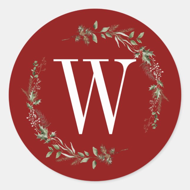 Pegatina Redonda Elegant Red Christmas Greenery Monogram Wreath (Anverso)