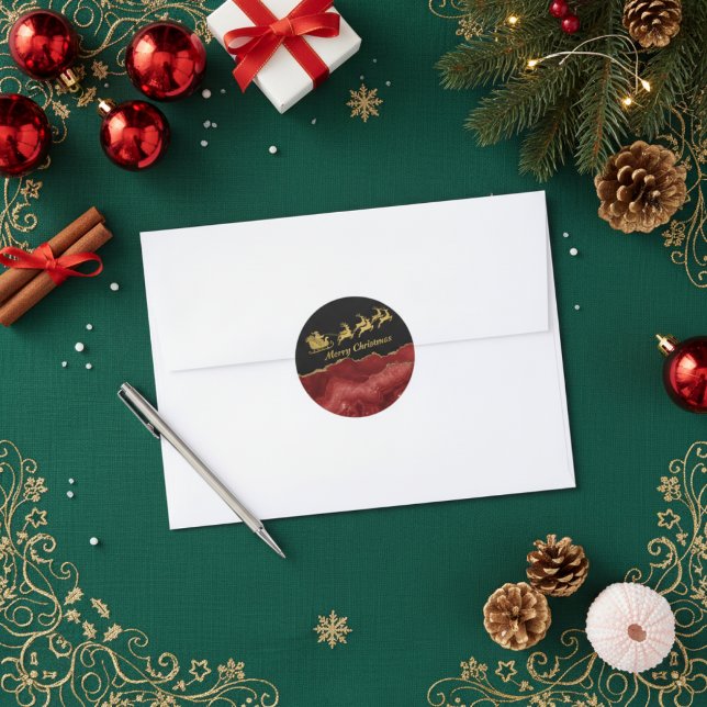 Pegatina Redonda Elegant Red Gold Santa Sleigh Merry Christmas  (Subido por el creador)