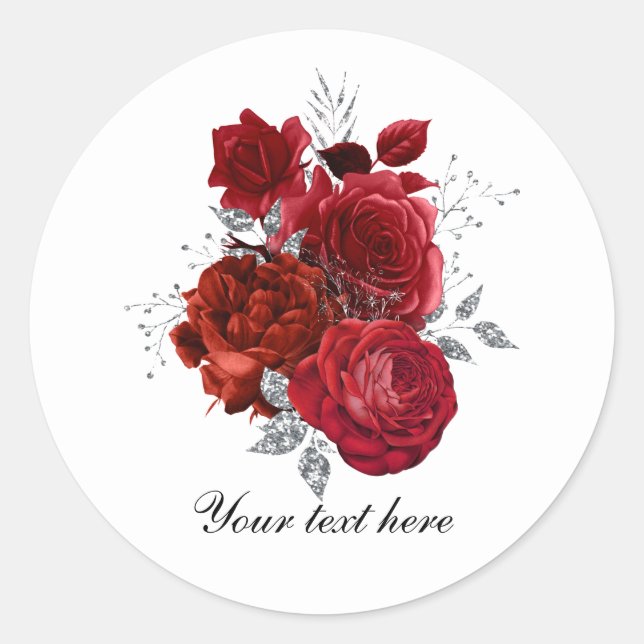 Pegatina Redonda Elegant red Wedding roses customizable (Anverso)