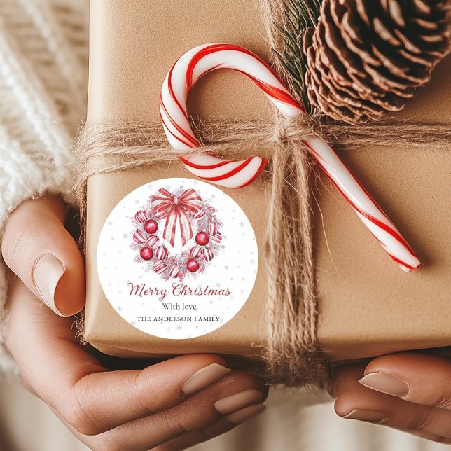 Pegatina Redonda Elegant Red white Christmas Wreath  (Red and white Christmas Wreath Round sticker)