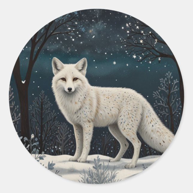 Pegatina Redonda Elegant retro white winter fox (Anverso)