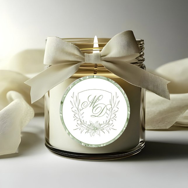 Pegatina Redonda Elegant Sage Green Botanical Crest Wedding (Subido por el creador)