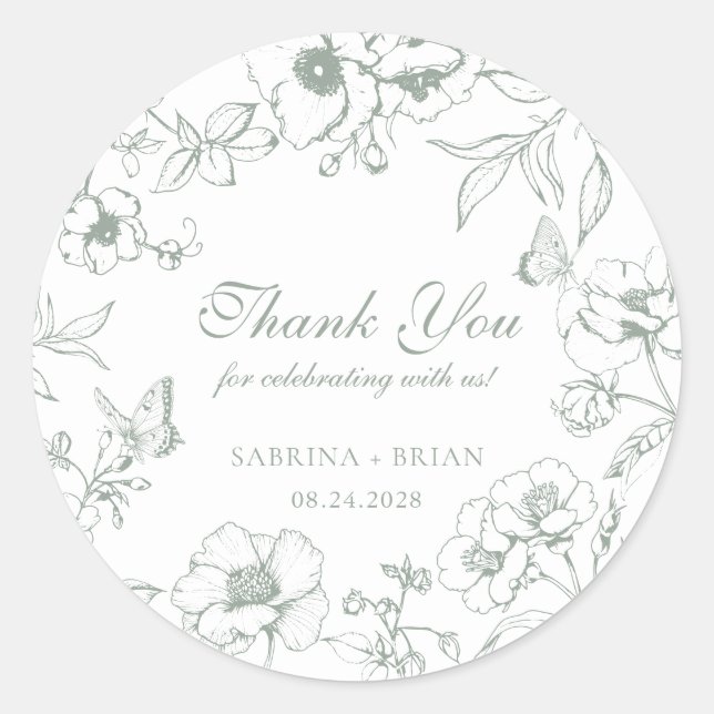 Pegatina Redonda Elegant Sage Green Floral Wedding Thank You (Anverso)