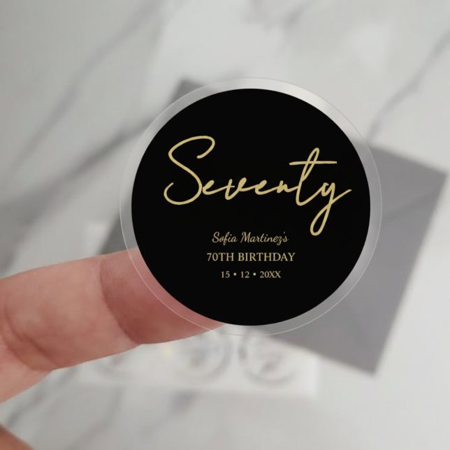 Pegatina Redonda Elegant Seventy Birthday Sticker–Black Gold Script (Subido por el creador)