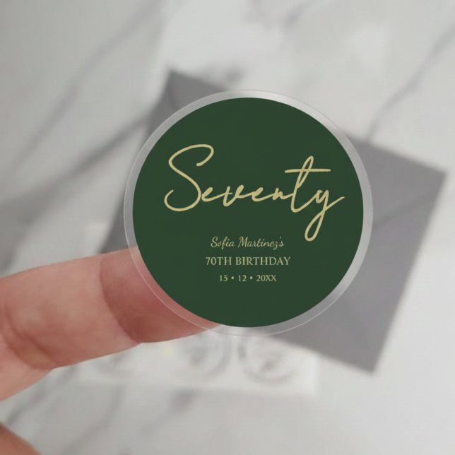 Pegatina Redonda Elegant Seventy Birthday Sticker–Green Gold Script (Subido por el creador)
