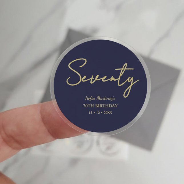 Pegatina Redonda Elegant Seventy Birthday Sticker–Navy Gold Script (Subido por el creador)