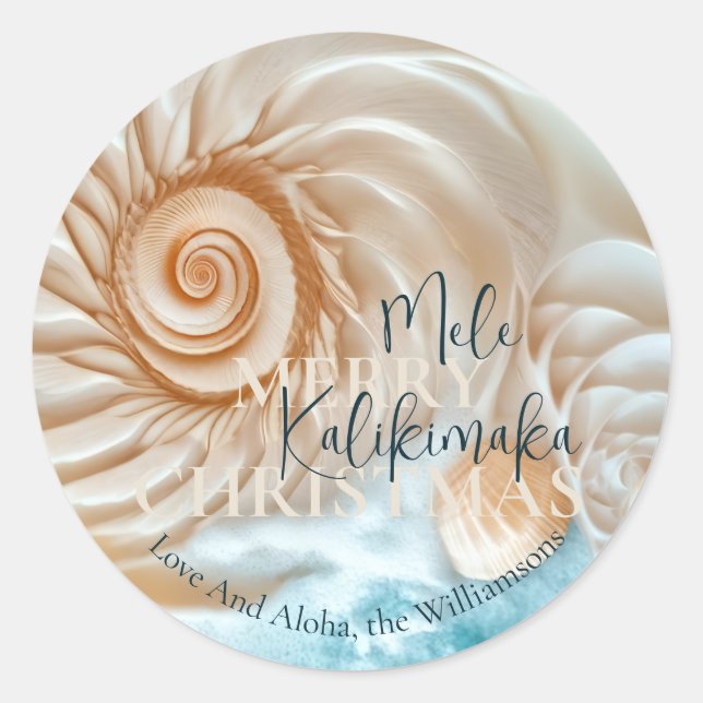 Pegatina Redonda Elegant Shell Mele Kalikimaka | Greetings (Anverso)