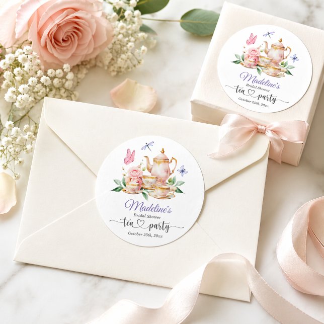 Pegatina Redonda Elegant Tea Party Butterflies Bridal Shower  (Subido por el creador)
