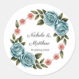 Pegatina Redonda Elegant Teal Rose & Orange Daisey Wedding