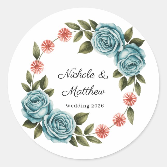 Pegatina Redonda Elegant Teal Rose & Orange Daisey Wedding (Anverso)