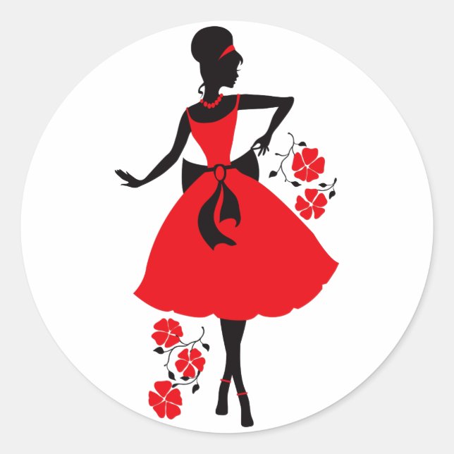 Pegatina Redonda Elegant vintage young woman red black silhouette (Anverso)