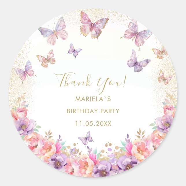 Pegatina Redonda Elegant Watercolor butterfly rainbow girl 1st birt (Anverso)