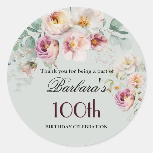 Pegatina Redonda Elegant Watercolor Floral 100th Birthday Welcome (Anverso)