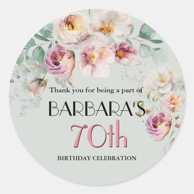 Pegatina Redonda Elegant Watercolor Floral 70th Birthday Welcome (Anverso)