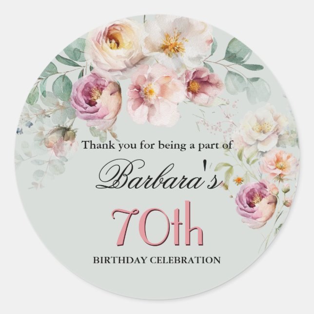 Pegatina Redonda Elegant Watercolor Floral 70th Birthday Welcome (Anverso)