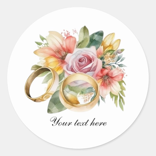 Pegatina Redonda Elegant Wedding flowers and rings customizable (Anverso)