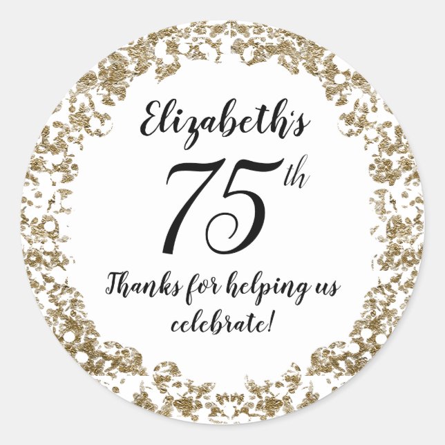 Pegatina Redonda Elegant White Black and Gold 75th Birthday (Anverso)