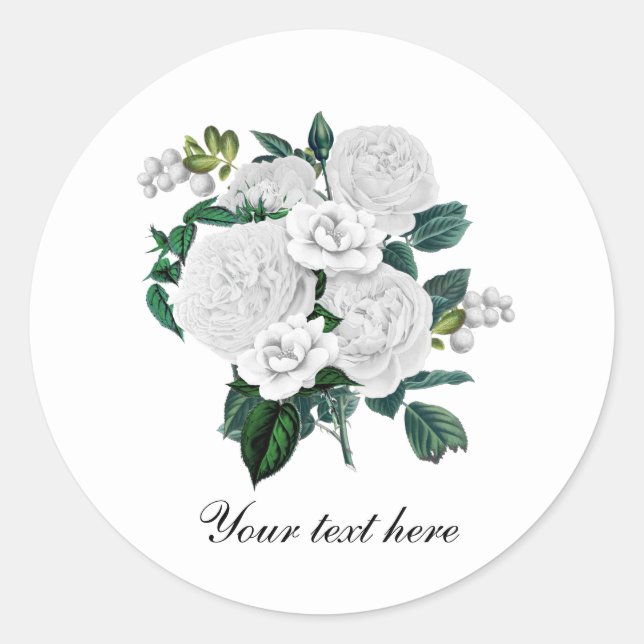 Pegatina Redonda Elegant white roses customizable (Anverso)