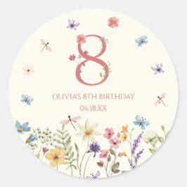 Pegatina Redonda Elegant Wildflower Butterfly 8th Birthday Party