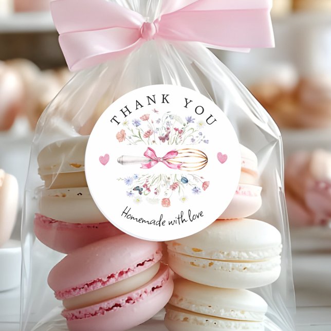 Pegatina Redonda Elegant Wildflower Whisk Bakery (Elegant Wildflower Whish with pink bow Thank you stickers)