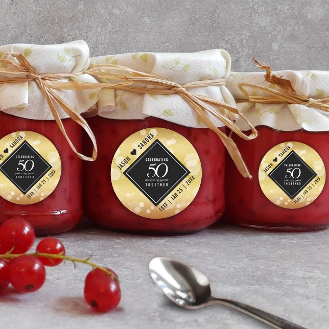 Pegatina Redonda Elegante 50° Aniversario del Boda de Oro (Elegant 50th Golden Wedding Anniversary Round Sticker Cover Photo.)