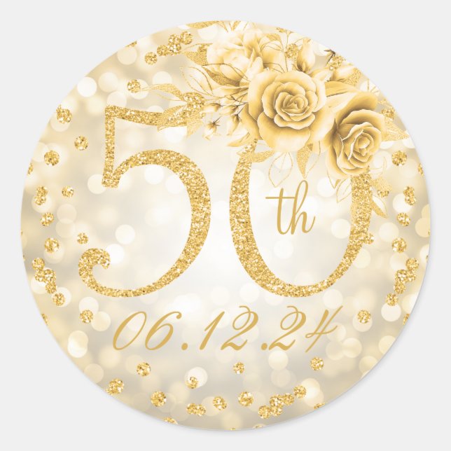 Pegatina Redonda Elegante 50 aniversario fiesta de cumpleaños Glam  (Anverso)