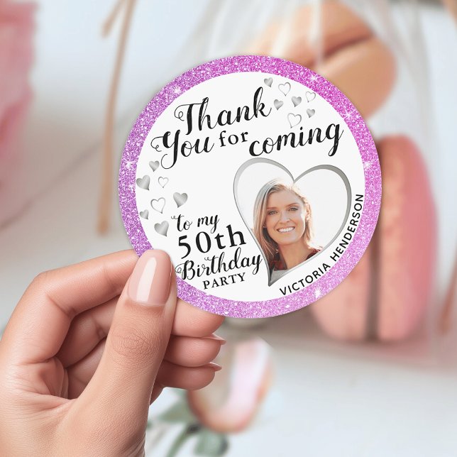 Pegatina Redonda Elegante 50 aniversario Púrpura Favor Rosa Gracias (Personalized 50th Birthday Purple and Pink Favor Thank You Sticker)