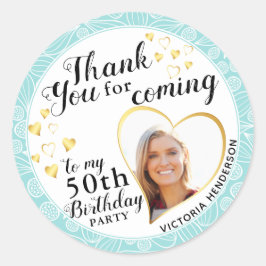 Pegatina Redonda Elegante 50 cumpleaños azul Verde azulado Gracias