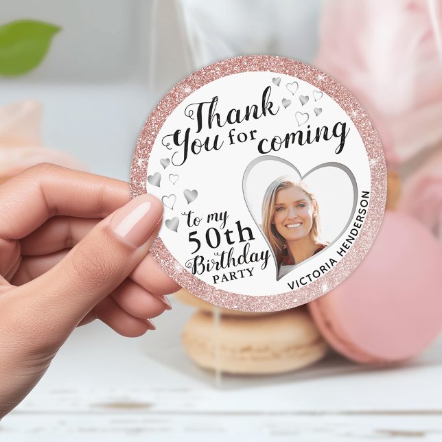 Pegatina Redonda Elegante 50 cumpleaños Favor Rosa Oro Gracias (Elegant 50th Birthday Favor Rose Gold Thank You Stickers)