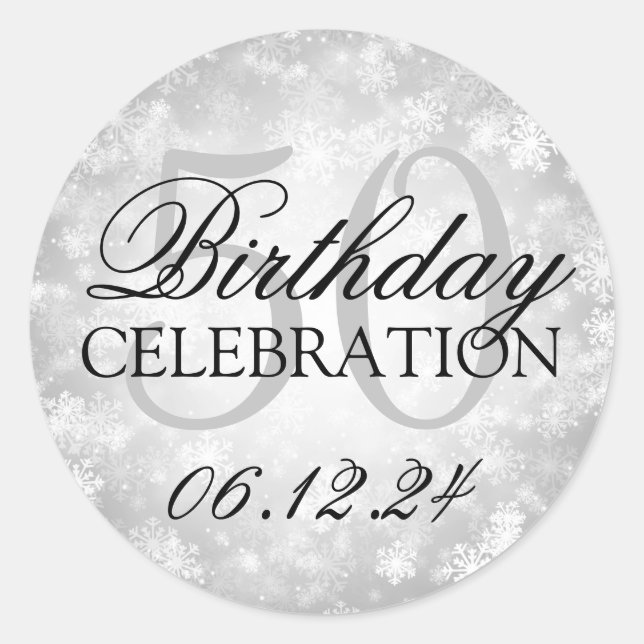 Pegatina Redonda Elegante 50° cumpleaños Silver Winter Wonderland (Anverso)