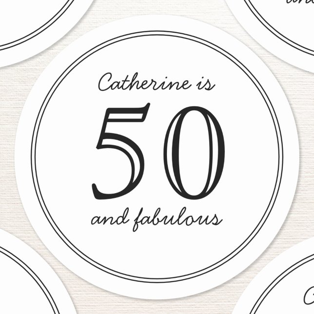 Pegatina Redonda Elegante 50 y fabuloso nombre personalizado cumple (Fifty 50 and fabulous personalized custom name text age sticker)