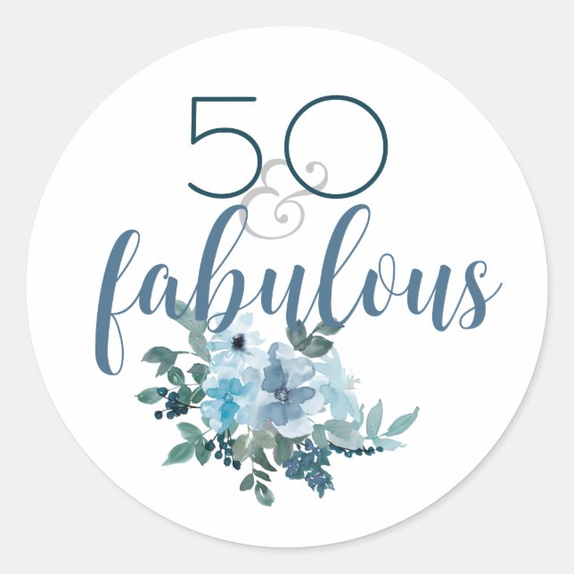Pegatina Redonda Elegante 50 y magnífica acuarela azul floral (Anverso)