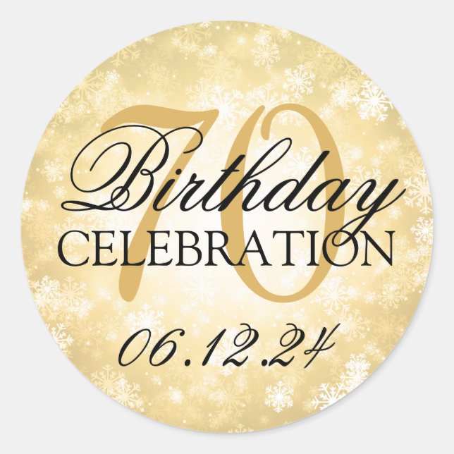 Pegatina Redonda Elegante 70.º Birthday Gold Winter Wonderland (Anverso)