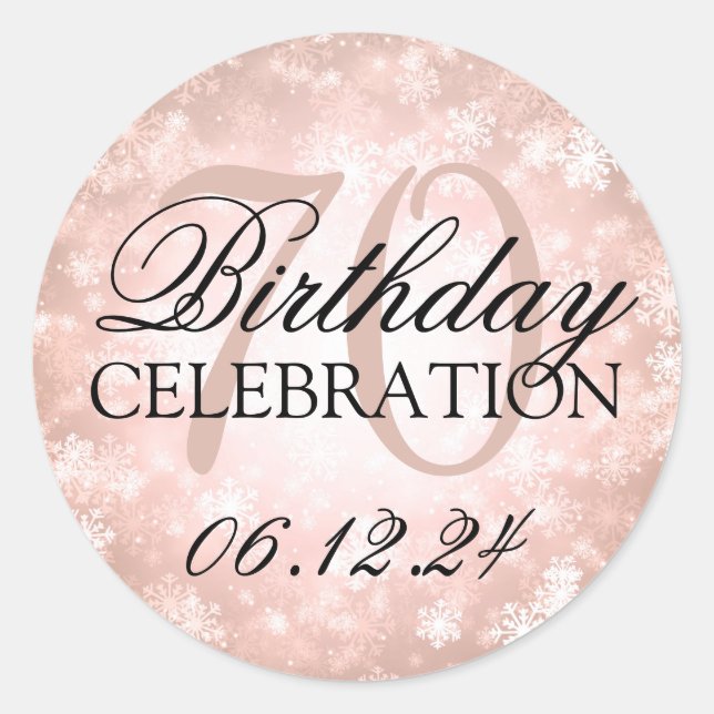 Pegatina Redonda Elegante 70.º cumpleaños, Copper Winter Wonderland (Anverso)