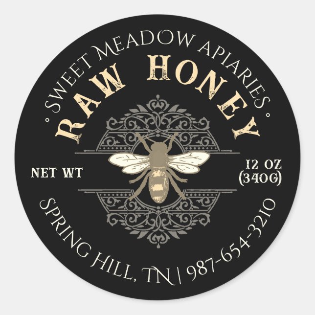 Pegatina Redonda Elegante abeja de miel en filamentos franceses mie (Anverso)