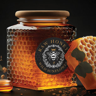 Pegatina Redonda Elegante Abeja Reina de miel de época negra y blan