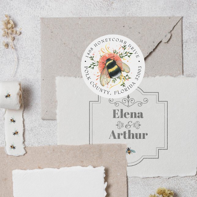 Pegatina Redonda Elegante Abejorro Botánico de Cítricos | Dirección (Subido por el creador)